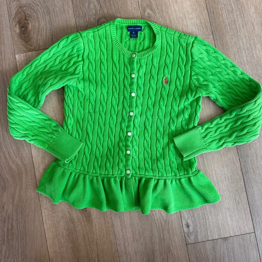 Ralph Lauren Girls XL 16 Green Cable Knit Peplum Cardigan Pink Pony Sweater
